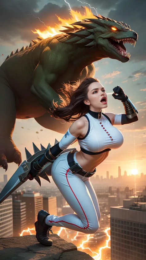 Amidst a swirling vortex of magic and chaos, a valiant (white_outfit:1.3), (high_neck:1.3), (long_pants:1.2), (large_breast:1.2), (xtra_large_breasts:1.2), As the sun sets over the city skyline, casting an orange glow upon the streets, a ripple of dark energy pulses through the air, signaling the emergence of a formidable ancient creature. With her senses heightened, the heroine, now perched atop a towering building, locks eyes with the monstrosity as it unleashes a devastating roar. Determined to protect her beloved city, she dives into the abyss, hurtling through the air with unparalleled agility. As she confronts the colossal creature head-on, her electrified gauntlets crackle with power, ready to unleash a torrent of lightning-infused strikes, proving that even in the face of unimaginable danger, the indomitable spirit of a modern-day hero shines brightest. Best quality, masterpiece, ultra high res, (photorealistic:1.5), raw photo, (sharp:1.2) focus, HDR, (detailed_skin:1.2).