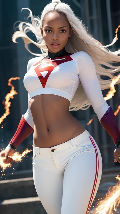 In a spectacular display of power, the (white_outfit:1.2) (long_pants:1.2), (beautiful:1.2) (african_girl:1.2) With determined focus, the white superwoman grapples with her uncooperative shirt, a spark of anticipation in her eyes, as she prepares to unleash her transformative powers, poised to reveal her true superheroic form.  Best quality, masterpiece, ultra high res, (photorealistic:1.5), raw photo, (sharp:1.2) focus, HDR, (detailed_skin:1.2).