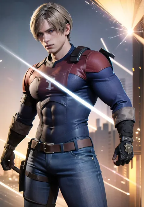 1boy, cowboy shot of re4leon,red shirt, blue eyes, holster, blue jeans, volumetric lighting, athletic, best quality, masterpiece, intricate details, tonemapping, sharp focus, hyper detailed, trending on Artstation, looking at viewer, realistic <lora:sxz-leon:0.6>