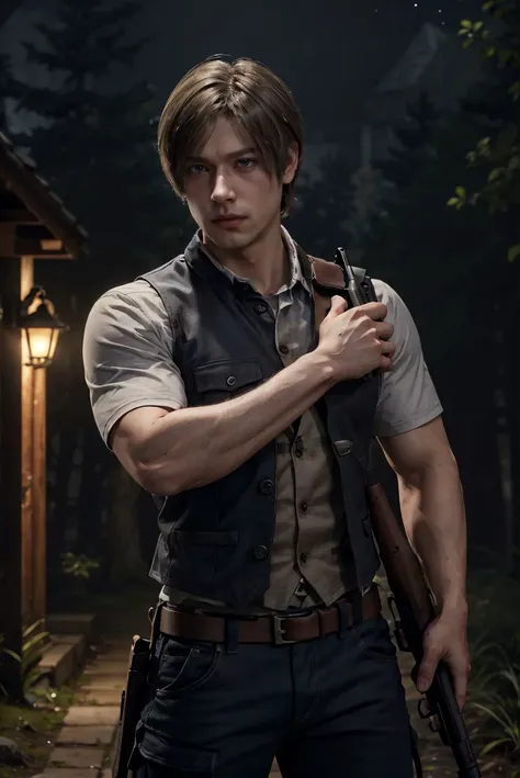 masterpiece,best quality,highres,hyper detailed,<lora:sxz-leon:0.6>,re4leon,1boy,solo,realistic,cowboy shot,athletic,vest,pants,forest,night,holding gun,rifle,
