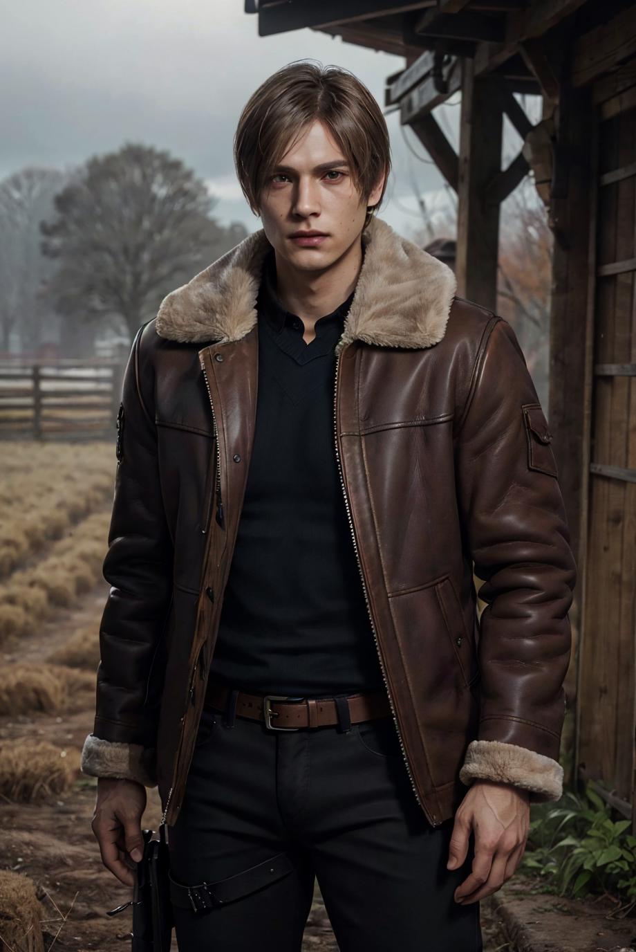 A man in a brown jacket standing in front of a barn - SeaArt AI