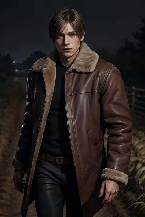 masterpiece,best quality,highres,hyper detailed,<lora:sxz-leon:0.6>,re4leon,1boy,solo,realistic,cowboy shot,leather coat with fur trim,long sleeves,black pants,farm,outdoors,night,dim lighting,looking at viewer,walking,