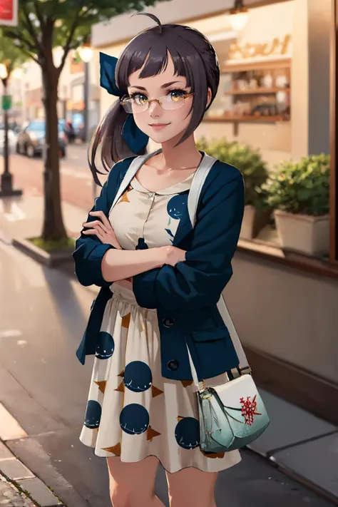 (masterpiece, best quality:1.2), solo, 1girl, fujinamiautumn, smile, looking at viewer, crossed arms, ahoge, side ponytail, hair ribbon, glasses, blue jacket, long sleeves, dress, bag, city sidewalk <lora:kancolle_fujinami-22:1>