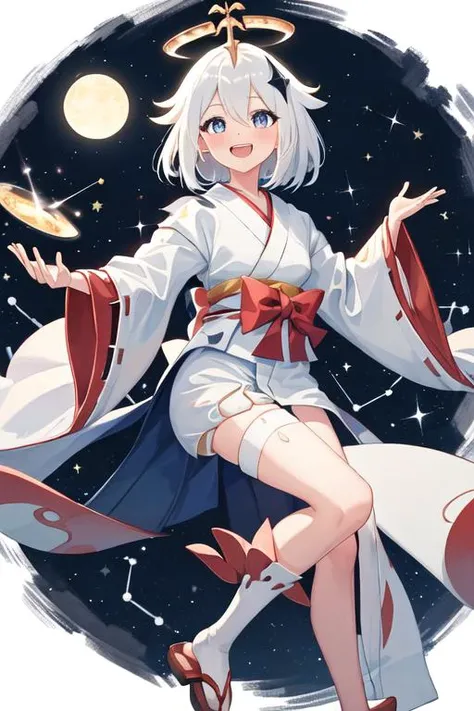best quality, masterpiece, highres, solo, {white kimono:1.35}, {red hakama:1.35}, {wide sleeves:1.20}, {paimon_genshin:1.15}, white_hair, halo, hair_ornament, blue_eyes, hair_between_eyes, short_hair, bangs, open_mouth, blush, smile, cape