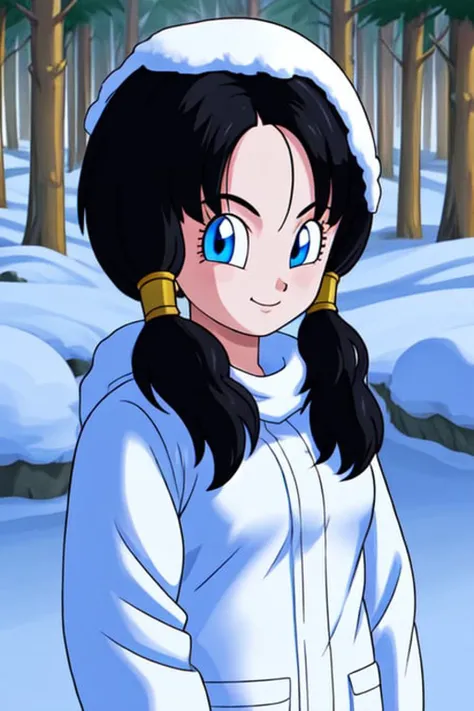 masterpiece, best quality, highly detailed, highres, hdr, 1girl, solo, (videl)++ in the snow, sexy smile, snow trees, blue eyes, long hair