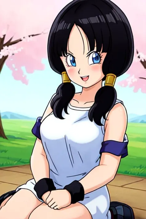 1girl, (videl)+, :d, bangs, bare shoulders, black hair, blue eyes, blush, breasts, cherry blossoms, cleavage, collarbone, egasumi, fingernails, floral print, hair ornament, looking at viewer, medium breasts, off shoulder, open mouth, parted lips, petals, sash, sitting, sleeves past wrists, solo, tabi, ((masterpiece)), serious