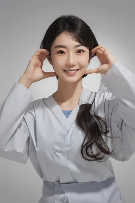 (medium shot), 1girl, (raised arms, fingers at cheeks), smiling, beautiful Japanese female doctor wearing white labcoat over scrubs, beautiful detailed face, Japanese woman, black hair, pale skin, realistic skin, detailed cloth texture, detailed hair texture, Perfect proportion, Beautiful Face, accurate, Anatomically correct, Highly detailed face and skin texture , looking at viewer , modern hospital building, photorealistic