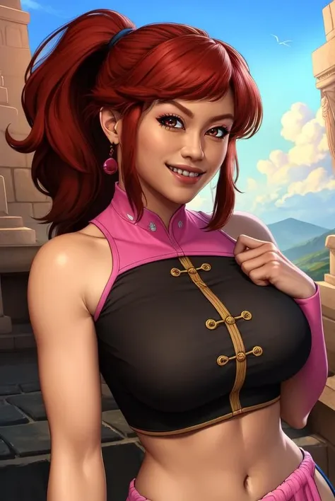 KimWU, red hair, ponytail, brown eyes,
pink crop top, midriff, pink underwear, pelvic curtain,
upper body, smile, smug, cleavage,
looking at viewer, open temple, arena, moutains, clouds,
(insanely detailed, beautiful detailed face, masterpiece, best quality), solo,
<lora:KimWU:0.7>