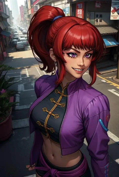Mitsuki, red hair, ponytail, bangs, brown eyes, smiling, solo, blush,
on Japanese building, nighttime, moon, Sengoku period, (insanely detailed, beautiful detailed face, masterpiece, best quality) <lora:Mitsuki-10v5:0.7>