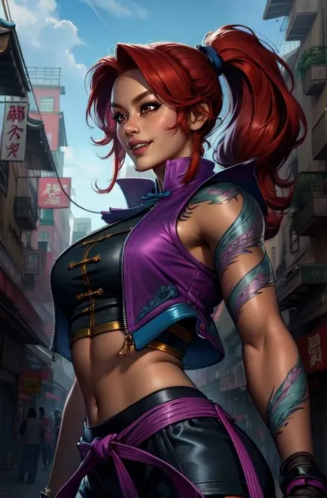 KimWU, red hair, brown eyes, ponytail,
black crop top, midriff, purple jacket, right arm tattoo, single glove, shorts,
standing, upper body, smile, smug, teeth,
city streets,china town, (insanely detailed, beautiful detailed face, masterpiece, best quality), solo,
<lora:KimWU-10v7:0.7>