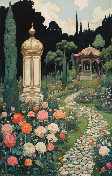 masterpiece,best quality,<lora:tbh166-sdxl:0.9>,illustration,style of Ivan Bilibin, A bottle of perfume in garden