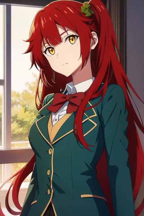 chenmotong, <lora:chenmotongtest:1>,
chen motong, long hair, red hair, (one side up:1.5), (yellow eyes:1.5), bangs, (medium breast:1.2),
BREAK skirt, school uniform, blazer, (green blazer:1.5), black skirt, bow, bowtie, red bow, collar, white collar, choker,
BREAK looking at viewer,
BREAK indoors, classroom,
BREAK <lora:GoodHands-vanilla:1>, (masterpiece:1.2), best quality, high resolution, unity 8k wallpaper, (illustration:0.8), (beautiful detailed eyes:1.6), extremely detailed face, perfect lighting, extremely detailed CG, (perfect hands, perfect anatomy),