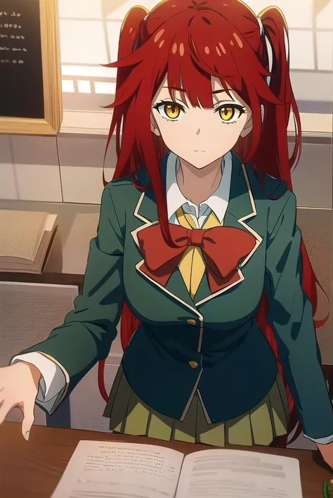 chenmotong, <lora:chenmotongtest:1>,
chen motong, long hair, red hair, (one side up:1.5), (yellow eyes:1.5), bangs, (medium breast:1.2),
BREAK skirt, school uniform, blazer, (green blazer:1.5), black skirt, bow, bowtie, red bow, collar, white collar, choker,
BREAK looking at viewer,
BREAK indoors, classroom,
BREAK <lora:GoodHands-vanilla:1>, (masterpiece:1.2), best quality, high resolution, unity 8k wallpaper, (illustration:0.8), (beautiful detailed eyes:1.6), extremely detailed face, perfect lighting, extremely detailed CG, (perfect hands, perfect anatomy),
