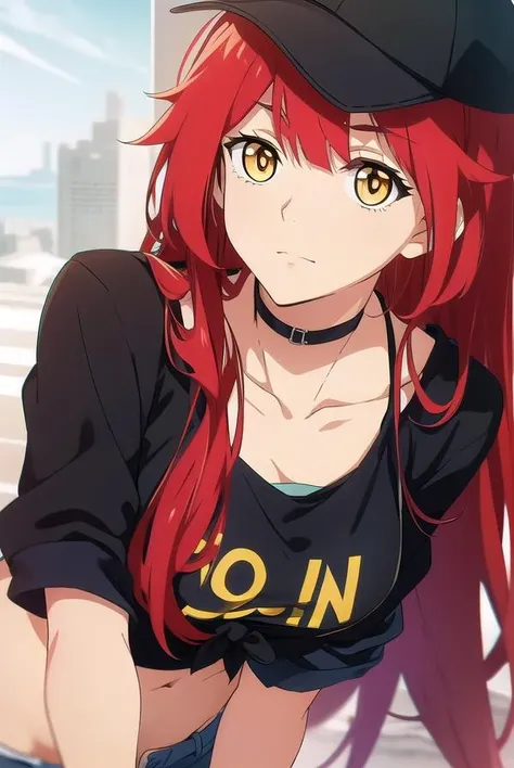 chenmotong, <lora:chenmotongtest:1>,
chen motong, long hair, red hair, (one side up:1.5), (yellow eyes:1.5), bangs, (medium breast:1.2),
BREAK shirt, hat, navel, collarbone, open clothes, choker, midriff, crop top, head tilt, black shirt, sleeves rolled up, tied shirt,
BREAK looking at viewer,
BREAK outdoors,
BREAK <lora:GoodHands-vanilla:1>, (masterpiece:1.2), best quality, high resolution, unity 8k wallpaper, (illustration:0.8), (beautiful detailed eyes:1.6), extremely detailed face, perfect lighting, extremely detailed CG, (perfect hands, perfect anatomy),