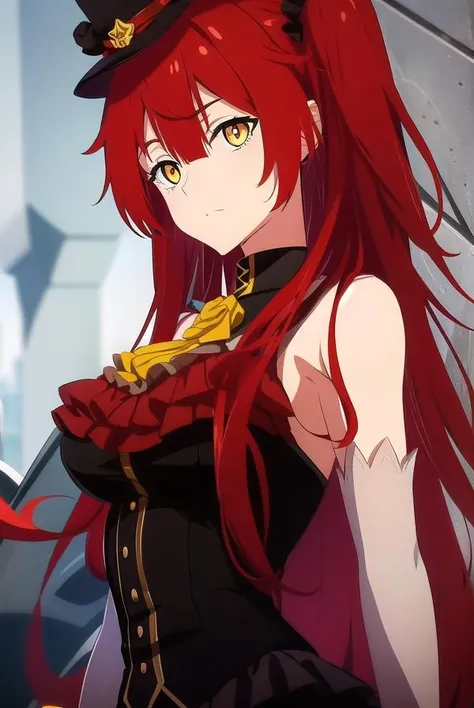 chenmotong, <lora:chenmotongtest:1>,
chen motong, long hair, red hair, (one side up:1.5), (yellow eyes:1.5), bangs, (medium breast:1.2),
BREAK gloves, hat, dress, elbow gloves, black dress, one side up, mini hat, top hat, mini top hat,
BREAK looking at viewer,
BREAK outdoors,
BREAK <lora:GoodHands-vanilla:1>, (masterpiece:1.2), best quality, high resolution, unity 8k wallpaper, (illustration:0.8), (beautiful detailed eyes:1.6), extremely detailed face, perfect lighting, extremely detailed CG, (perfect hands, perfect anatomy),