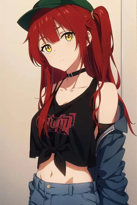 chenmotong, <lora:chenmotongtest:1>,
chen motong, long hair, red hair, (one side up:1.5), (yellow eyes:1.5), bangs, (medium breast:1.2),
BREAK shirt, hat, navel, collarbone, open clothes, choker, midriff, crop top, head tilt, black shirt, sleeves rolled up, tied shirt,
BREAK looking at viewer,
BREAK outdoors,
BREAK <lora:GoodHands-vanilla:1>, (masterpiece:1.2), best quality, high resolution, unity 8k wallpaper, (illustration:0.8), (beautiful detailed eyes:1.6), extremely detailed face, perfect lighting, extremely detailed CG, (perfect hands, perfect anatomy),