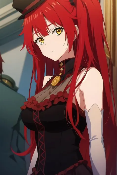 chenmotong, <lora:chenmotongtest:1>,
chen motong, long hair, red hair, (one side up:1.5), (yellow eyes:1.5), bangs, (medium breast:1.2),
BREAK gloves, hat, dress, elbow gloves, black dress, one side up, mini hat, top hat, mini top hat,
BREAK looking at viewer,
BREAK outdoors,
BREAK <lora:GoodHands-vanilla:1>, (masterpiece:1.2), best quality, high resolution, unity 8k wallpaper, (illustration:0.8), (beautiful detailed eyes:1.6), extremely detailed face, perfect lighting, extremely detailed CG, (perfect hands, perfect anatomy),