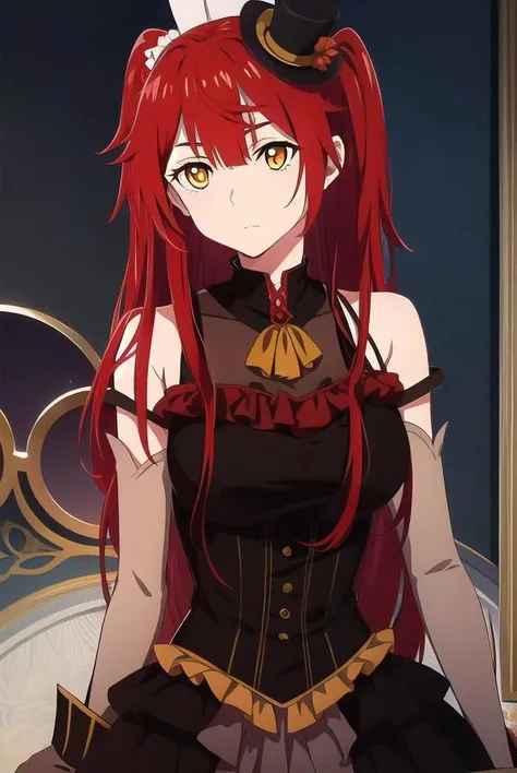 chenmotong, <lora:chenmotongtest:1>,
chen motong, long hair, red hair, (one side up:1.5), (yellow eyes:1.5), bangs, (medium breast:1.2),
BREAK gloves, hat, dress, elbow gloves, black dress, one side up, mini hat, top hat, mini top hat,
BREAK looking at viewer,
BREAK outdoors,
BREAK <lora:GoodHands-vanilla:1>, (masterpiece:1.2), best quality, high resolution, unity 8k wallpaper, (illustration:0.8), (beautiful detailed eyes:1.6), extremely detailed face, perfect lighting, extremely detailed CG, (perfect hands, perfect anatomy),