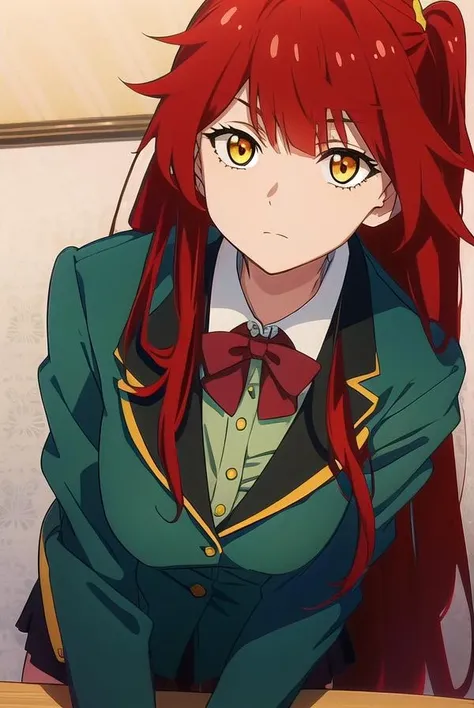 chenmotong, <lora:chenmotongtest:1>,
chen motong, long hair, red hair, (one side up:1.5), (yellow eyes:1.5), bangs, (medium breast:1.2),
BREAK skirt, school uniform, blazer, (green blazer:1.5), black skirt, bow, bowtie, red bow, collar, white collar, choker,
BREAK looking at viewer,
BREAK indoors, classroom,
BREAK <lora:GoodHands-vanilla:1>, (masterpiece:1.2), best quality, high resolution, unity 8k wallpaper, (illustration:0.8), (beautiful detailed eyes:1.6), extremely detailed face, perfect lighting, extremely detailed CG, (perfect hands, perfect anatomy),