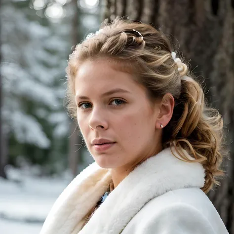 RachelHunter, ,updo hair style, a close up art style photo, (30 year old woman) , (white fur coat), winter, (snow covered trees, rocky mountains), (fog), (log cabin), evening, 24mm, 4k textures, soft cinematic light, adobe lightroom, photolab, hdr, intricate, elegant, highly detailed, sharp focus, ((((cinematic look)))), soothing tones, insane details, intricate details, hyperdetailed, low contrast, soft cinematic light, exposure blend, hdr,