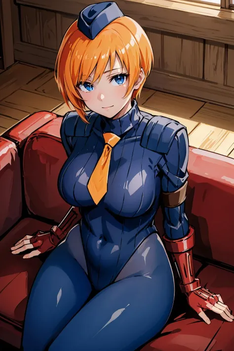 masterpiece, best quality, sfJuni, blue eyes, orange hair, hat, necktie, red gloves, ribbed bodysuit, large breasts, cowboy shot, couch, indoors, sitting, from above, looking at viewer, slight smile <lora:junijuli-nvwls-v1-000009:0.9>