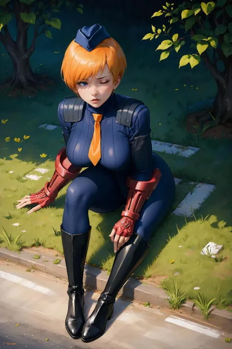 masterpiece, best quality, sfJuni, blue eyes, short hair, orange hair, hat, necktie, red gloves, ribbed bodysuit, large breasts, black boots, sitting on ground, from above, looking at viewer, furrowed brow, closed eyes, pained expression, injured <lora:junijuli-nvwls-v1-000009:0.9>