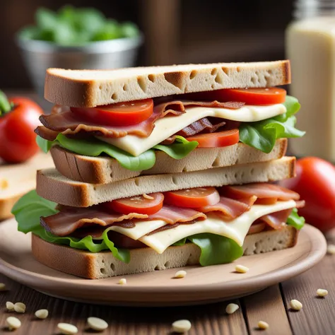 RAW photo of a BLT sandwich with extra bacon, (rustic diner background), seed bread, pepper jack cheese, (intricate details:1.12), (intricate details, hyperdetailed:1.15), photorealistic, ultra-realistic photo, 8k uhd, dslr, soft lighting, high quality, film grain, Fujifilm XT3, (masterpiece)