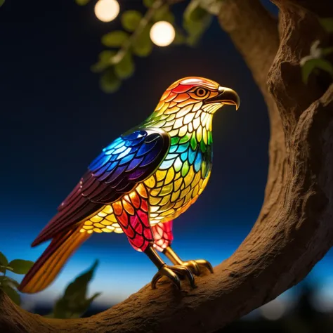 beautiful glass bird lit as if it is emitting light, execution, realistic,  masterpiece, photorealistic,  depth of field contours, accurate lighting, perfectly drawn, photograph, intricate detail, 8k,  very colourful, outdoors, night, intricate detail, beautiful glass etching, in a tree, 3d glass sculpture, rainbow colours, raytracing, lumen, 8k, high definition, highly detailed, reflective, luminism. detailed  textures, (on a  plaque with the text CATO:1.4), WINGS OUTSTRETCHED, EAGLE, in flight, bright lights,  (a childs face illuminated by the bird staring at the bird in wonder:1.5), girl,