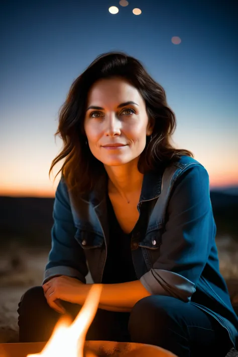 Professional portrait photo, mature brunette, bright piercing eyes, sitting by a campfire at night, lit by the firelight, low camera angle, deep starfield in the background, expert composition, cinematic lighting<lora:SDXL - Better Faces v1:0.58>