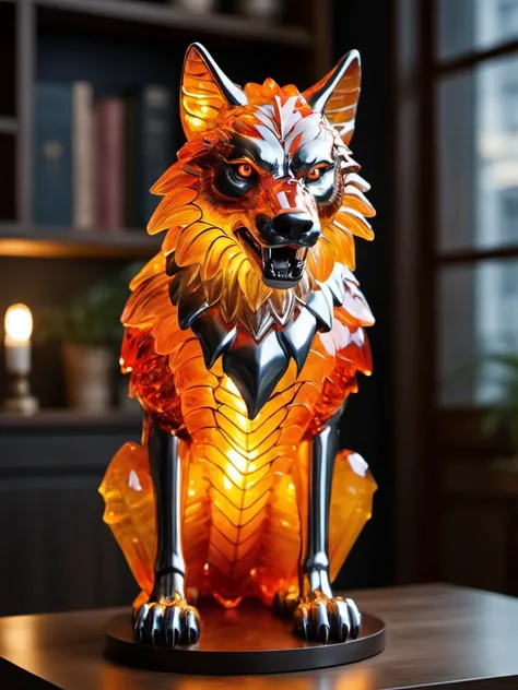 a perfect (full body:1.3) portrait photo of a (wolf man hybrid:1.3), (detailed face:1.3), detailed eyelashes, perfectly drawn face, 8k, depth of field, (glowing orange eyes:1.1), action pose, perfect anatomy, realistic, photorealistic, (drooling:1.2), growling, pointy teeth, standing, sharp claws, combat trousers, in a modern apartment, beautiful glass bird lit as if it is emitting light, glass sculpture, colourful glass, intricate detail,