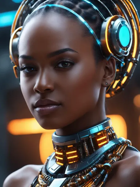 a photo of an AI wonderland full of colourful beautiful and strange things. AI transcendence, 8k, hi res, intricate detail, luminism, photorealistic, sci-fi, hdr, uhd, depth of field, 3d, real photo, natural lighting, realistic, raytracing, octane render, realistic textures, occlusion, accurate reflections, masterpiece, trending on artstation, beautiful, captivating, skin pores, african american, detailed skin texture, thought provoking, asymmetrical, cybernetics,