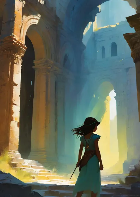 1girl exploring an ancient ruin
closeup , shadows,
dramatic lighting
colorful, digital, fantasy, illustration, magic, playful,
( by Jeffrey Catherine Jones, Anato Finnstark)