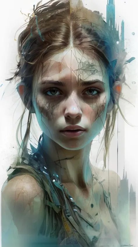 Mandy a warrior, Perfect centralization, coelho (franco)de Donnie, Standing position, beleza abstrata, Centrado, looking at the camera, Facing the camera, nearing perfection, triste, desespero, corpo inteiro, hands on her head, Dynamic, altamente detalhado, liso, foco nítido, 8k, high-definition resolution, illustration, arte de Carne Griffiths e Wadim Kashin, fundo Branco, vibrant colors