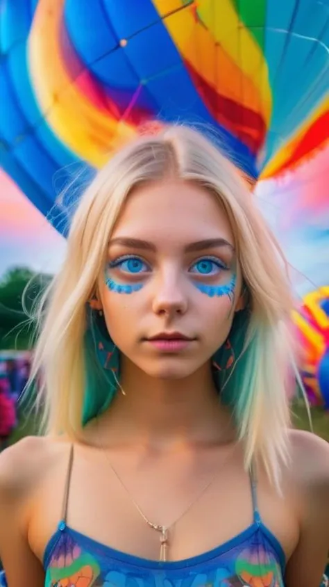 Psychedelic portrait of a naked 18-year-old girl with bright blonde hair and piercing blue eyes. Whimsical Hot Air Balloon Festival. Vibrant colors, swirling patterns, abstract forms, surreal, trippy
