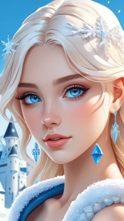 isometric style naked 18-year-old girl with bright blonde hair and piercing blue eyes. Snowy Winter Wonderland with Ice Castle. vibrant, beautiful, crisp, detailed, ultra detailed, intricate
