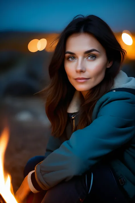 Professional portrait photo, 65 year-old brunette, (high-detail skin texture:1.8), perfect bright piercing eyes, sitting by a campfire at night, (lit by the firelight:1.2), low camera angle, dark night with a deep starfield in the background, cinematic composition<lora:SDXL - Better Faces v1:0.58>