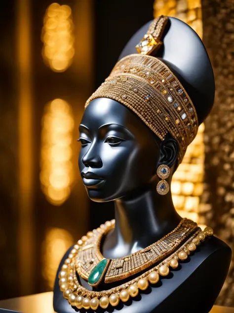 a photo of a statue of an african, decorated with gold and jewels, Realistic, porous stone statue made from different stones, in a museum, (detailed face:1.2), sharp focus, photorealistic, standing on a pedestal, realistic lighting, realistic textures, intricate detail, rayracing, hdr, uhd, 8k, detailed texture, detailed porous stone surface, depth of field, sub surface scattering, when we were king and queens, masterpiece, lumen, luminism, hairline cracks in the stone, beautiful,