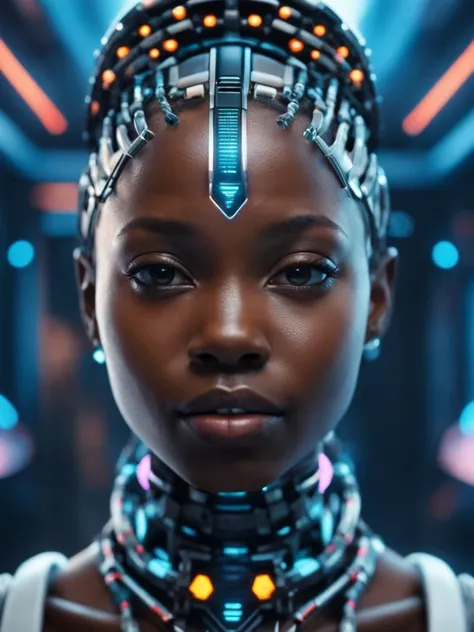 a photo of an AI wonderland full of colourful beautiful and strange things. AI transcendence, 8k, hi res, intricate detail, luminism, photorealistic, sci-fi, hdr, uhd, depth of field, 3d, real photo, natural lighting, realistic, raytracing, octane render, realistic textures, occlusion, accurate reflections, masterpiece, trending on artstation, beautiful, captivating, skin pores, (african american:1.2), (detailed skin texture:1.1), thought provoking, asymmetrical, african cybernetics, unique, original,