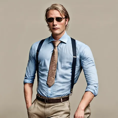 a realistic man with blonde hair, wearing tiny-lensed sunglasses that give off a sharp, modern vibe. He's dressed in a crisp blue shirt paired with suspenders, adding a touch of classic style, The man's trousers are khaki-colored suit pants, neatly belted at the waist,Yellow tie with black spots a spotted tie,strong,muscle,<lora:SDXL1.0-LoRa_Zeitgeist-Photographic-Style_by-AI_Characters-v2.0:0.85>