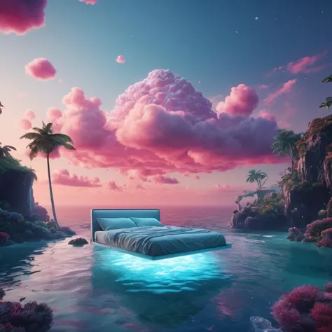 Bed floating on the ocean fantasy in the style of Pete Turner 4K
, detailed, realistic, 8k uhd, high quality