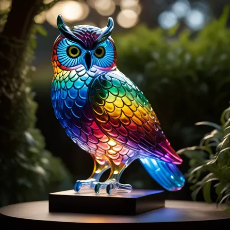 beautiful glass bird lit as if it is emitting light, execution, realistic, masterpiece, photorealistic, depth of field contours, accurate lighting, perfectly drawn, photograph, intricate detail, 8k, very colourful, outdoors, night, intricate detail, beautiful glass etching, in a tree, 3d glass sculpture, rainbow colours, raytracing, lumen, 8k, high definition, highly detailed, reflective, luminism. detailed textures, owl, (on a plaque with the text CATO:1.4), WINGS OUTSTRETCHED, EAGLE,