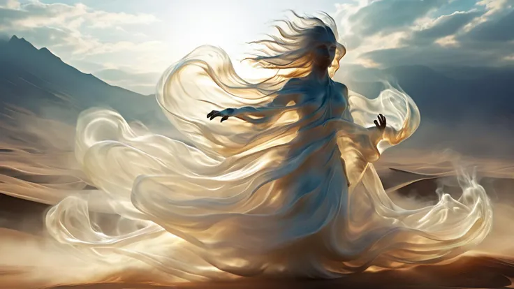 (masterpiece, best quality, high detail, absurdres) <lora:RPGAirElementalXL:0.8> air elemental, glowing eyes, semi-transparent body, billowing robes, long hair, wind-blown hair, distorted human features, floating in midair