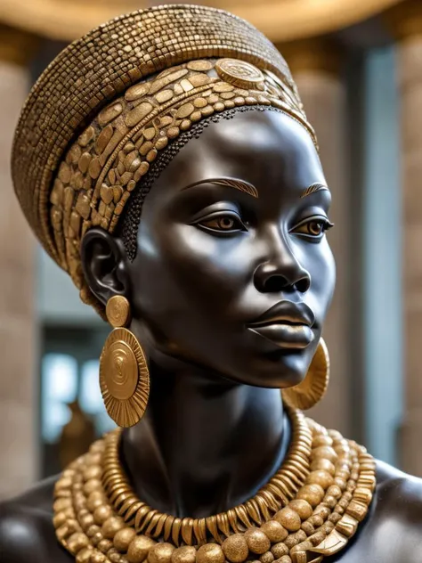 a photo of a statue of an african, decorated with gold, Realistic, porous stone granite statue, in a museum, (detailed face:1.2), sharp[ focus, photorealistic, standing on a pedestal, realistic lighting, realistic textures, intricate detail, rayracing, hdr, uhd, 8k, detailed texture, detailed porous stone surface,