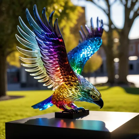 beautiful glass bird lit as if it is emitting light, execution, realistic, masterpiece, photorealistic, depth of field contours, accurate lighting, perfectly drawn, photograph, intricate detail, 8k, very colourful, outdoors, night, intricate detail, beautiful glass etching, in a tree, 3d glass sculpture, rainbow colours, raytracing, lumen, 8k, high definition, highly detailed, reflective, luminism. detailed textures, (on a plaque with the text CATO:1.4), WINGS OUTSTRETCHED, EAGLE,