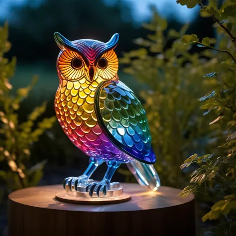 beautiful glass bird lit as if it is emitting light, execution, realistic,  masterpiece, photorealistic,  depth of field contours, accurate lighting, perfectly drawn, photograph, intricate detail, 8k,  very colourful, outdoors, night, intricate detail, beautiful glass etching, in a tree, 3d glass sculpture, rainbow colours, raytracing, lumen, 8k, high definition, highly detailed, reflective, luminism. detailed  textures, owl, on a woOden plaque with the text CATO,