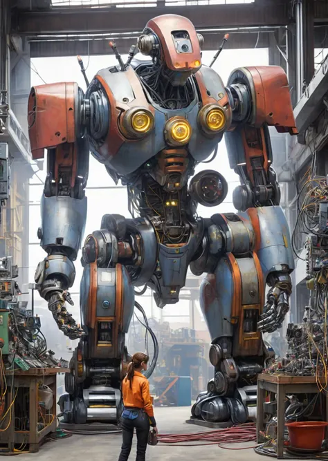 1 female worker fixing a giant robot,
wires
buttons, gauges
factory
sci-fi