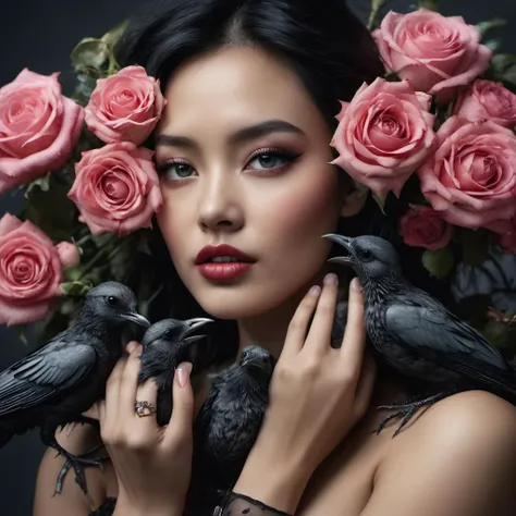 an incredibly detailed close up macro beauty photo of anasian model, hands
holding a bouquet of pink roses, surrounded by scary crows from hell. shot on a
hasselblad medium format camera with a ioomm lens. unmistakable to a
photograph. cinematic lighting. photographed by tim walker, trending on 500px , detailed, realistic, 8k uhd, high quality