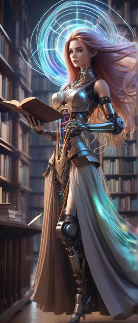(A beautiful mechanical robot woman with extremely long flowing Holographic Multi-toned hair, wires showing, wearing Cage Skirt:1.2), (magical duel in a library, with books and scrolls flying around as mages cast spells and counter-spells:1.3) UHD, 4k, cinematic, (<lora:KawaiiTechXL-0000016:0.8> kawaiitech img:1.3), (action packed:1.3)