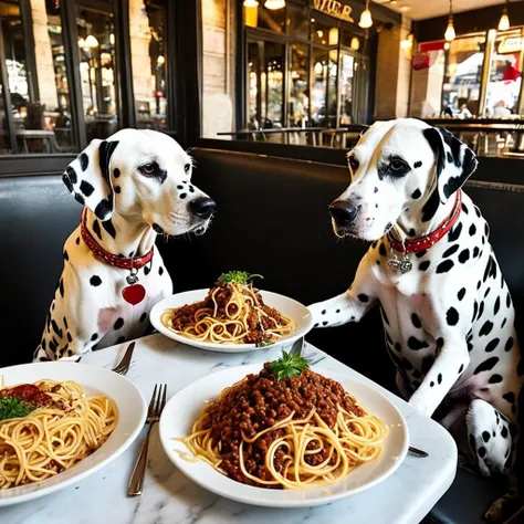 2 dalmatians having a spaghetti meal in a restaurant on a date,
