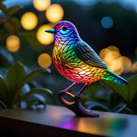 beautiful glass bird lit as if it is emitting light, execution, realistic, photorealistic, depth of field contours, accurate lighting, perfectly drawn, photograph, intricate detail, 8k, very colourful, outdoors, night, intricate detail, beautiful glass etching, in a tree, 3d glass sculpture, rainbow colours, raytracing, lumen, 8k, high definition, highly detailed, reflective, luminism.